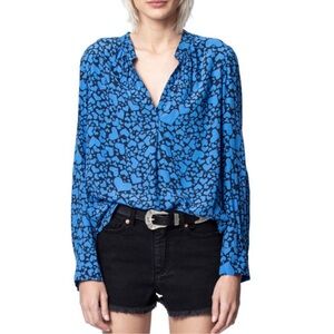 Zadig & Voltaire Blue Tink Print Coeur Hearts Size M Button Up Collared Shirt